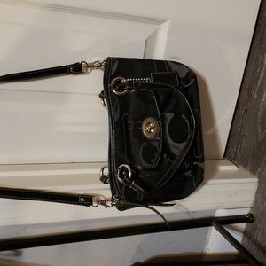 Coach F14654 purse Leah shoulder bag tote satche black & grey sateen crossbody